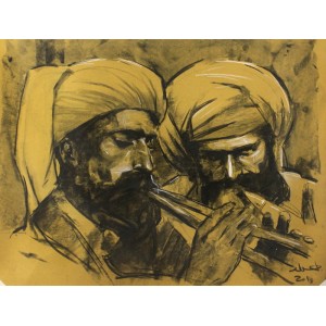 Doda Baloch, Marri Tribes Men Playing Flute II, 20 x 27 Inch, Charcoal on Paper, Figurative Painting, AC-DDB-003